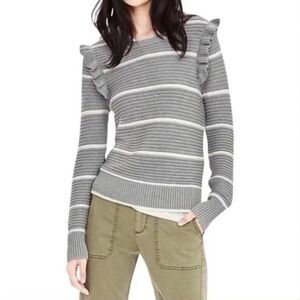 Banana Republic XS Cozy Gray White Striped Ruffle Chunky Knit Pullover Sweater